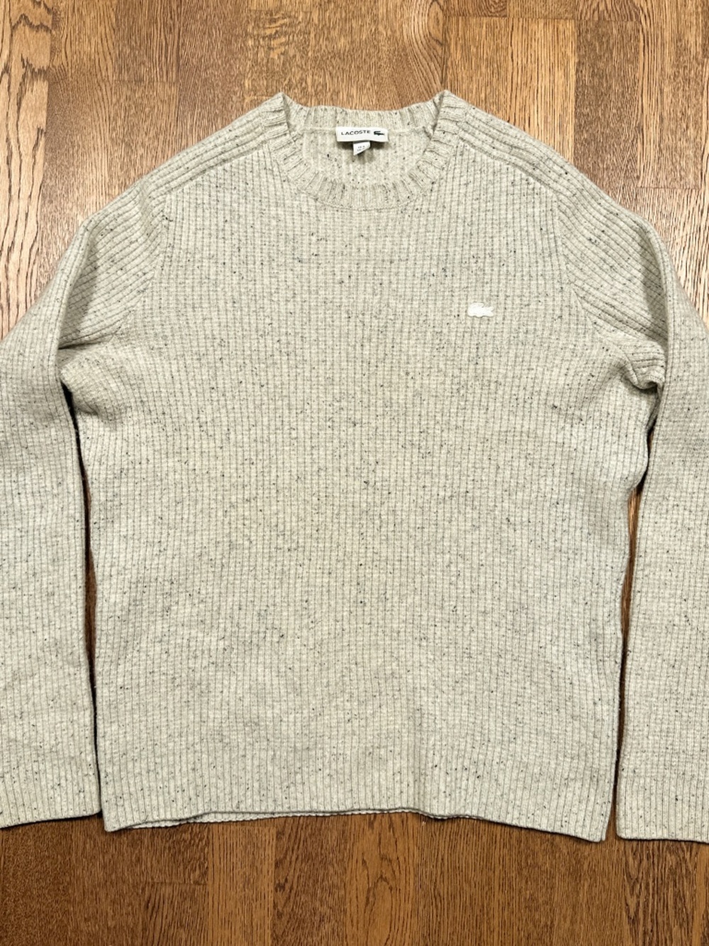 Lacoste Wool Cotton Donegal Cream Blue Ribbed Crewneck Sweater Mens Medium